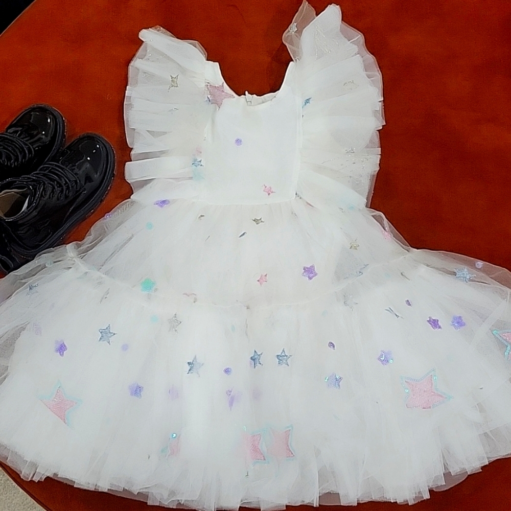 White Star-Embellished Tulle Party Dress for Girls
